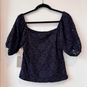 NWT Nordstrom Top Womens M Navy Lace Puff Sleeve Floral Romantic Coquette Dressy